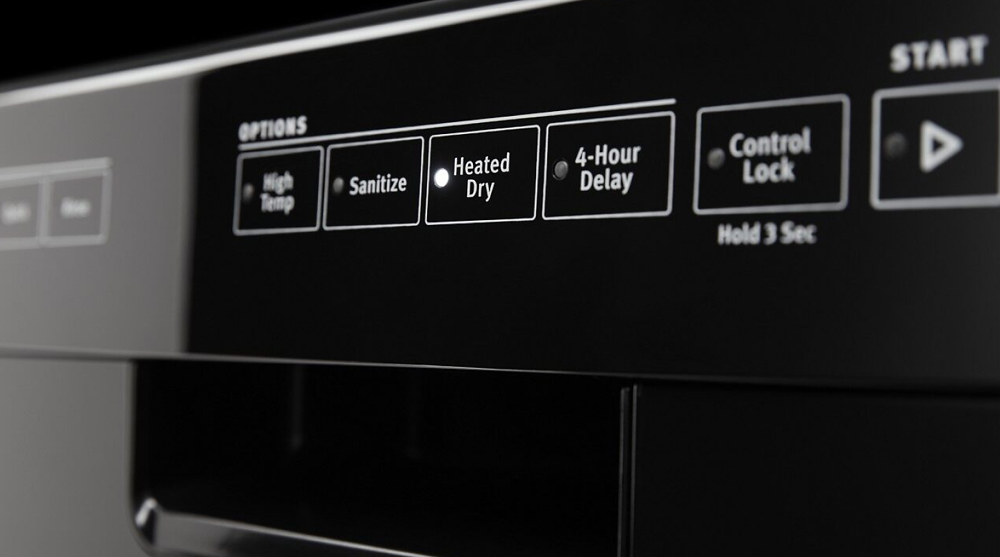 Close up of front control dishwasher control panel