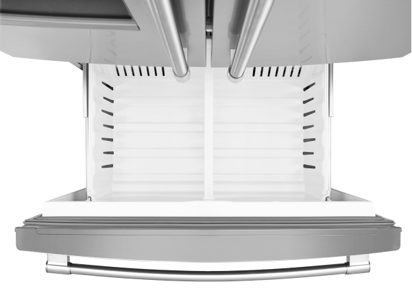 Aerial view of an open drawer-style freezer