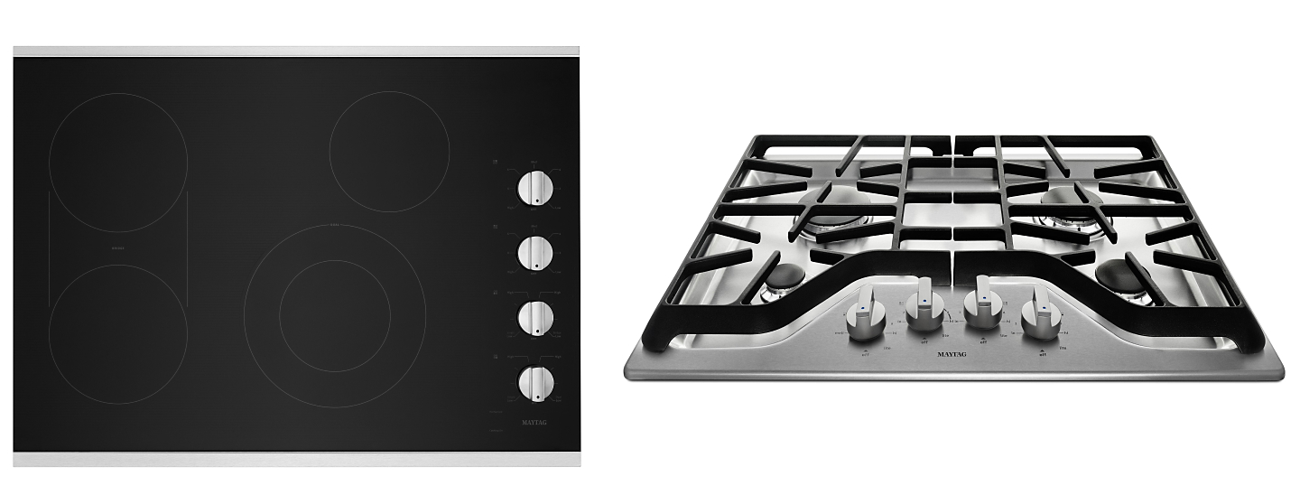 Electric cooktop next to a gas cooktop