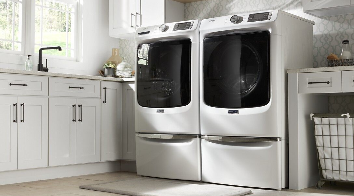 White Maytag® washer and dryer set.