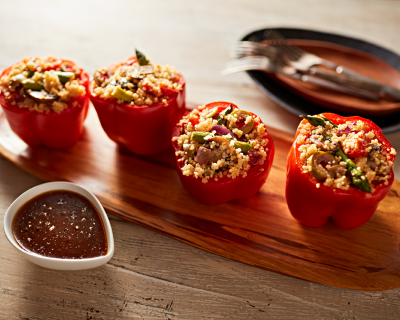 Stuffed bell peppers on a cutting board