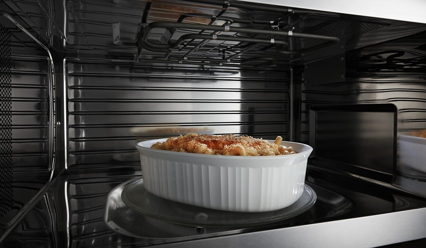 Macaroni and cheese crisping inside a microwave