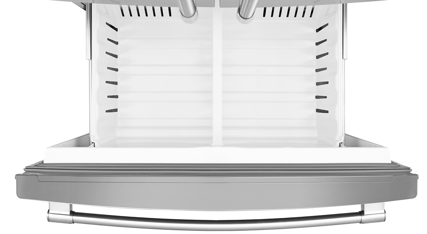 Birds-eye view of empty bottom freezer on bottom-freezer refrigerator