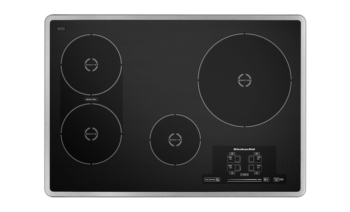 A KitchenAid® black induction cooktop with stainless steel trim.