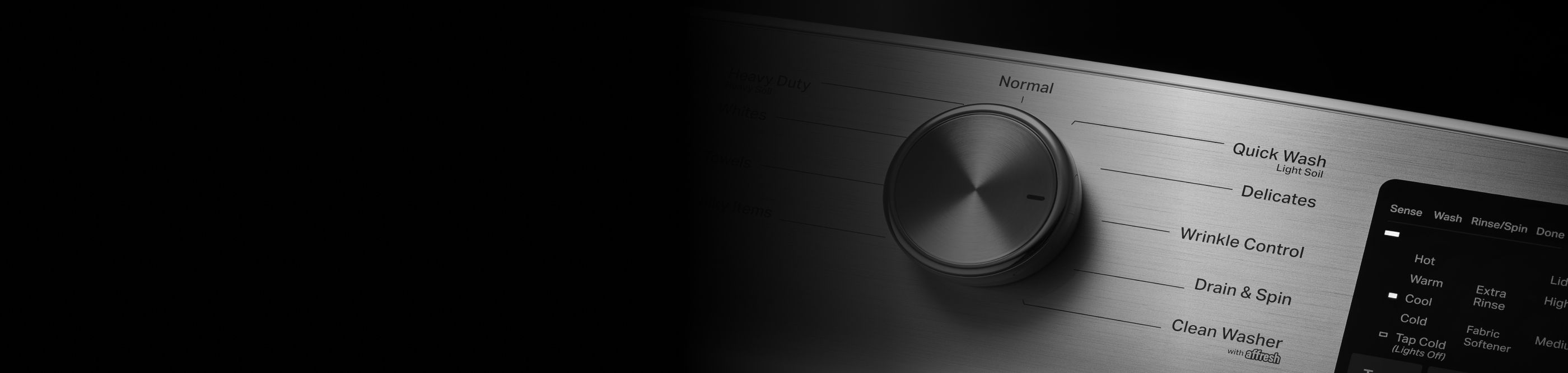Close up of control panel and knob for washing machine cycles