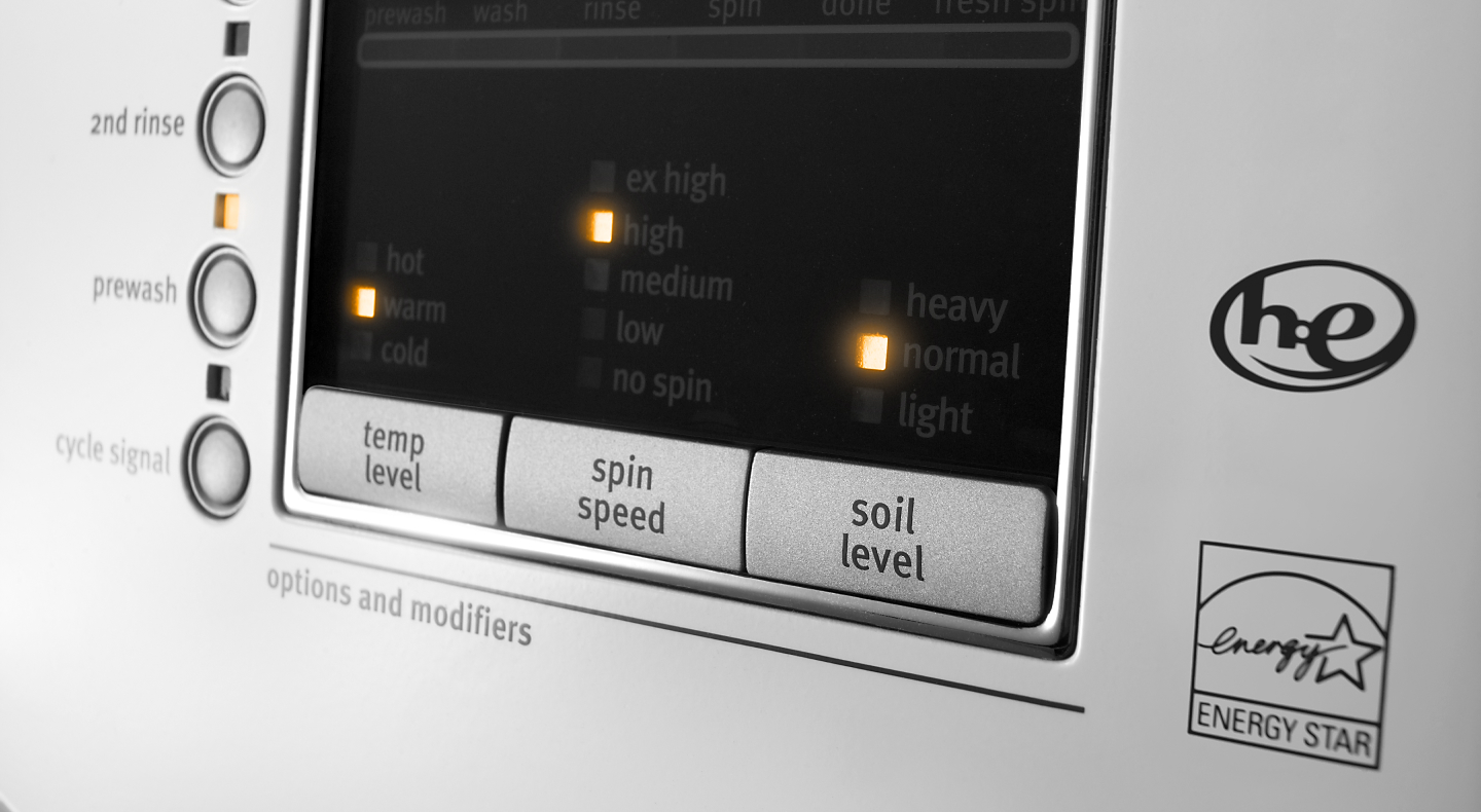 Various wash cycle settings on a high-efficiency washing machine