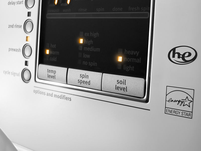 Various wash cycle settings on a high-efficiency washing machine