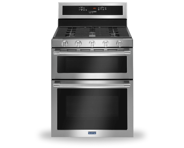 Maytag® double oven freestanding gas range.
