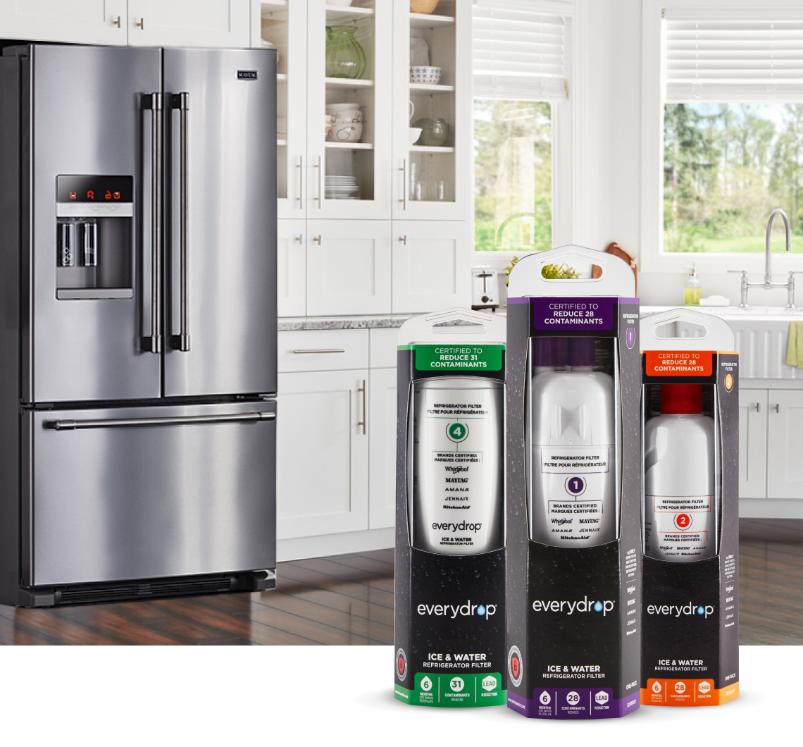 Maytag® water filters with refrigerator background