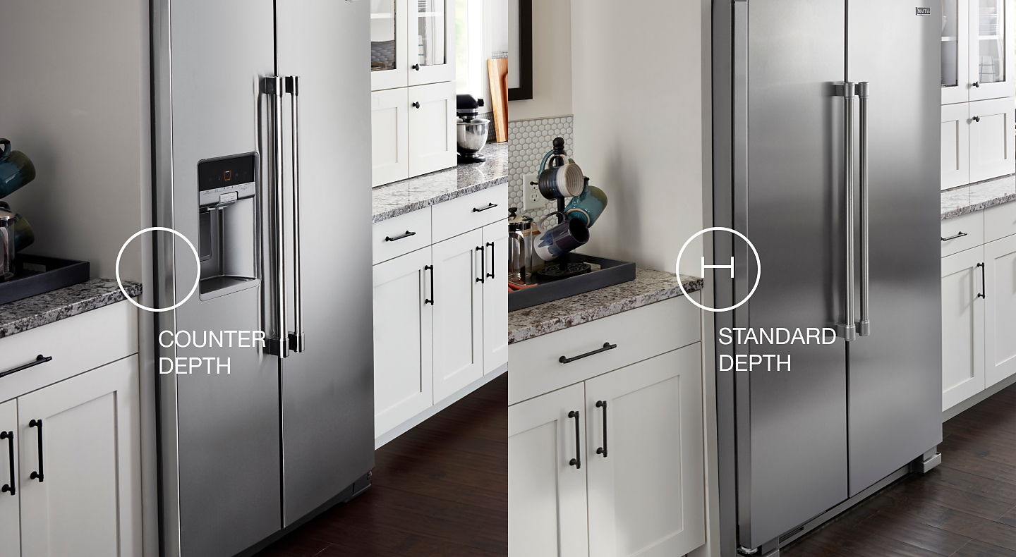 A graphic showing the difference between counter-depth and standard depth refrigerators