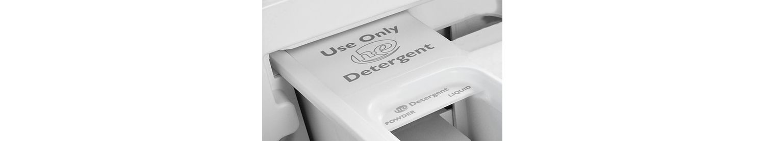 A detergent dispenser featuring a Use Only HE Detergent label.