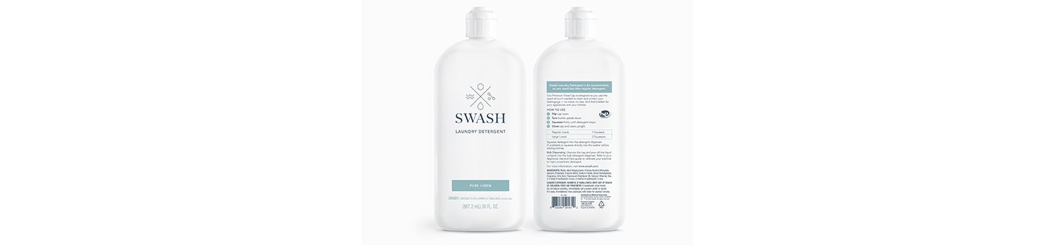 A front and back photo of a bottle of Swash.