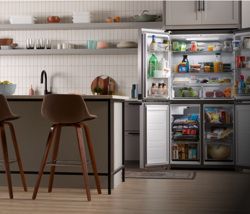 A bright modern kitchen full of Whirlpool® Kitchen Appliances