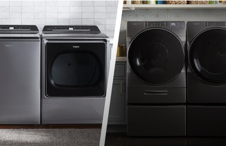 Split screen of a Whirlpool® Top Load Matching Dryer and Front Load Matching Dryer