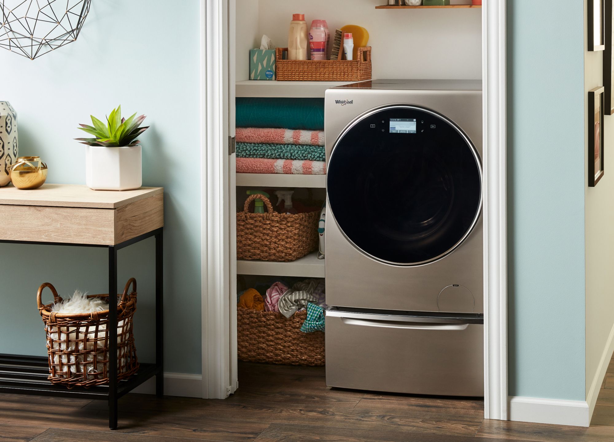 The Whirlpool® All-In-One Washer and Dryer fits in a closet.