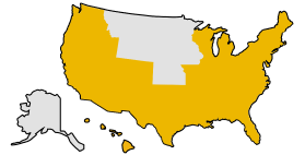 Map of the United States with Eastern, Midwestern, Southern, Western regions and Hawaii highlighted in yellow