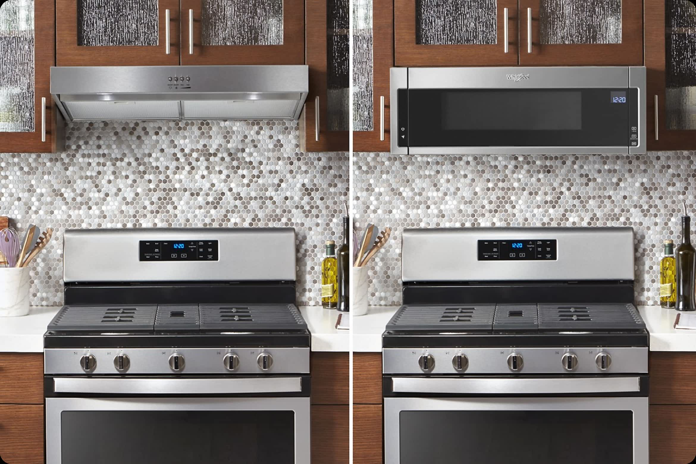 A side-by-side image showing a Whirlpool® Range Hood compared to a Whirlpool® Low Profile Over-The Range Combination Microwave & Vent Hood
