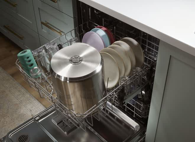 A loaded Adjustable 2nd Rack in a Whirlpool® Dishwasher