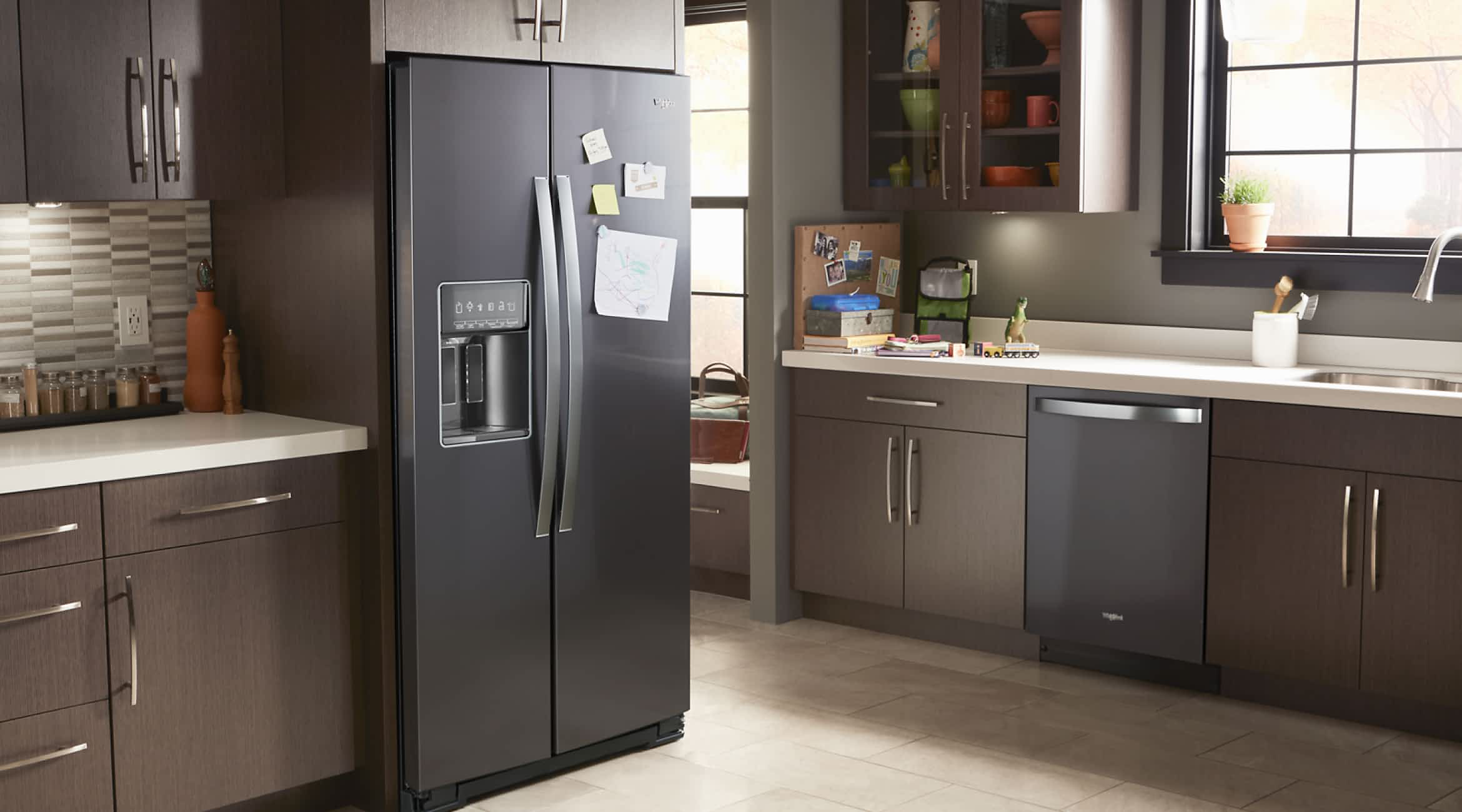 A Whirlpool® Side-by-Side Refrigerator in a modern kitchen
