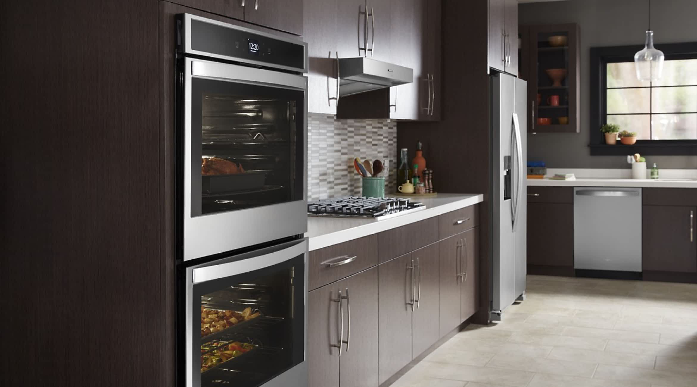 A Whirlpool® Standard Double Wall Oven with food baking inside