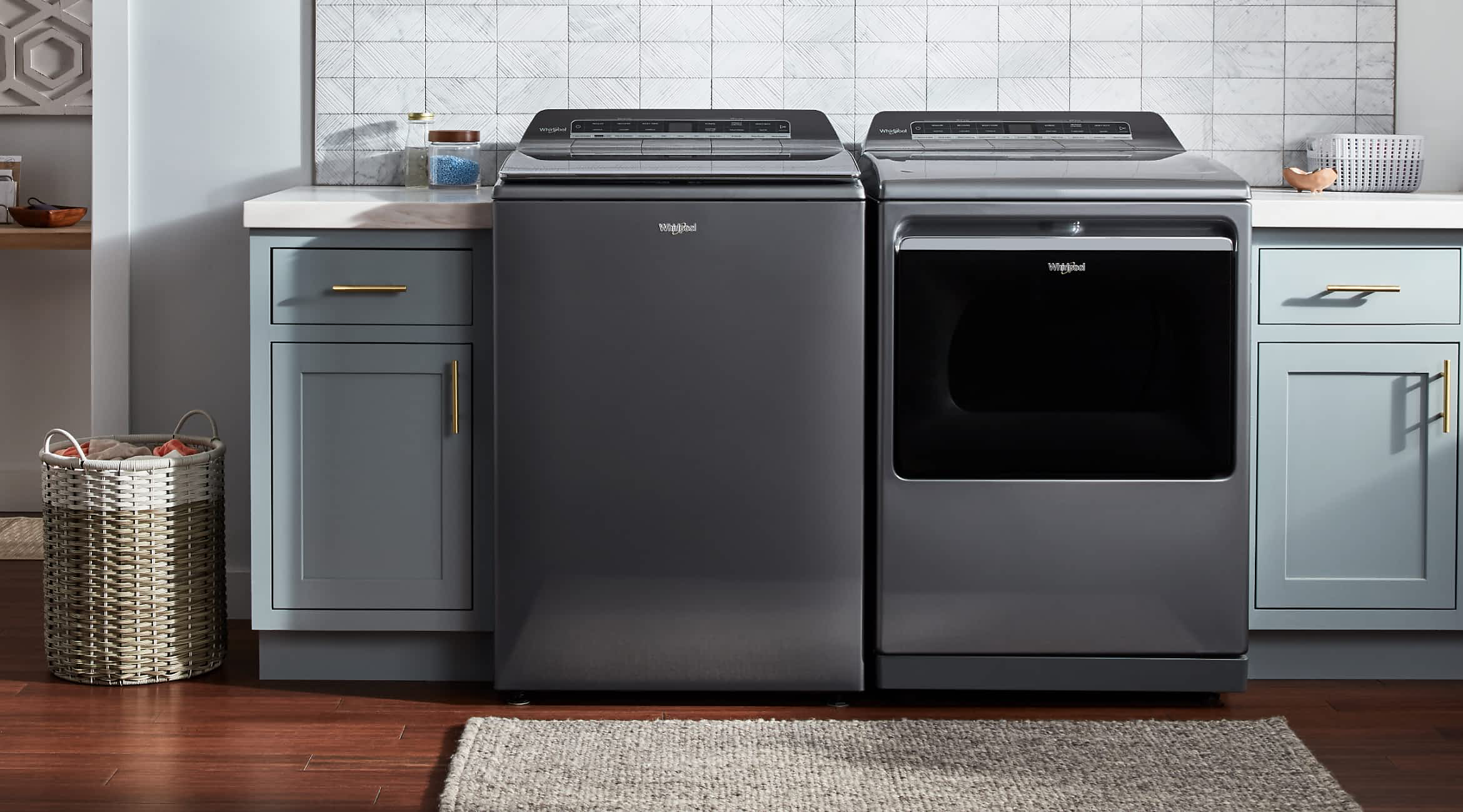 A Whirlpool® Top Load Washer and Matching Dryer