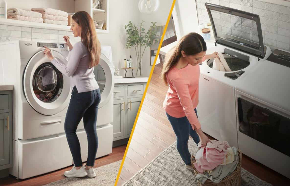 Two women doing laundry. One with a Whirlpool® Front Load Washer and the other with a Whirlpool® Top Load Washer