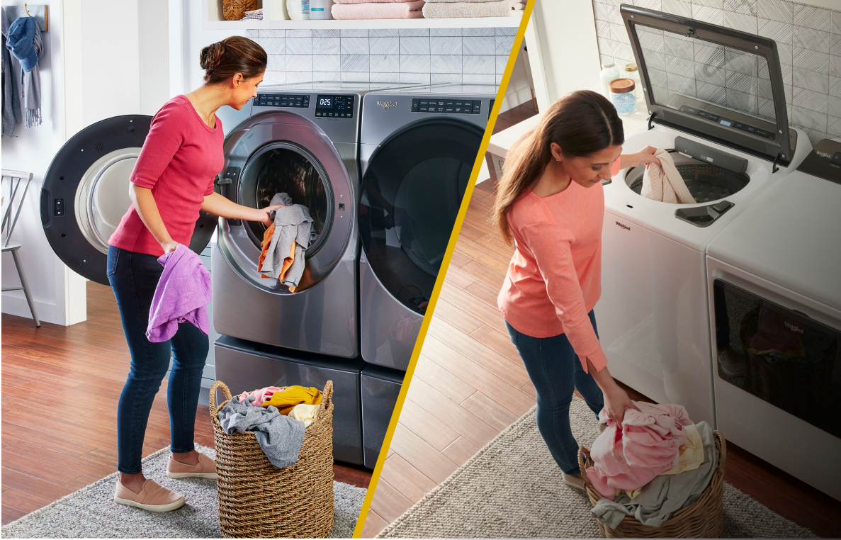 A split screen of two people doing laundry, one with a Whirlpool® Front Load Washer and the other with a Whirlpool® Top Load Washer