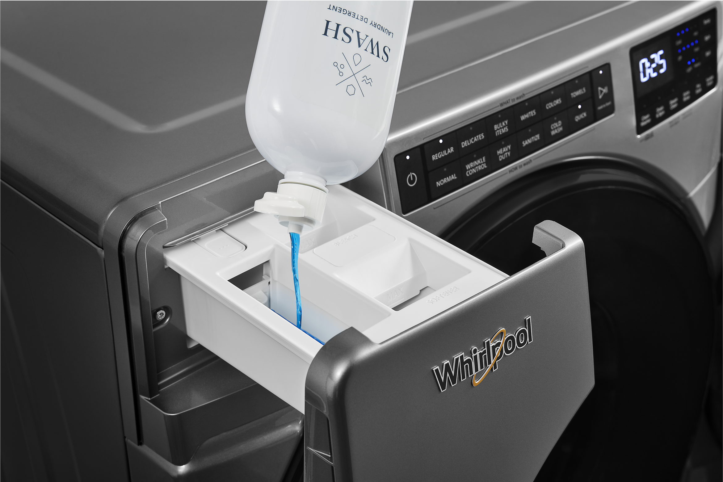 Laundry detergent is poured into a Whirlpool® Washer with a Single Load Dispenser