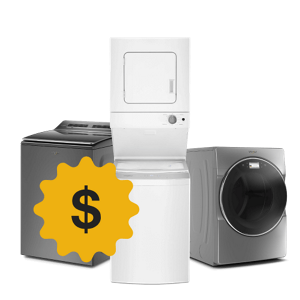 A Whirlpool® Washer, Stacked Laundry Center, and Dryer with a dollar sign graphic