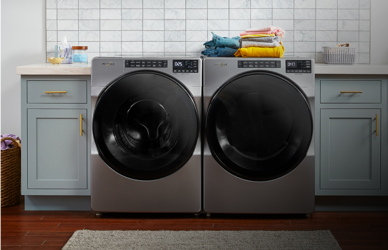 A Whirlpool® Front Load Washer & Dryer Set in Chrome Shadow