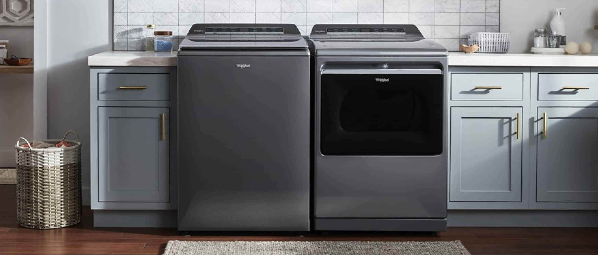 A Whirlpool® Smart Washer & Dryer Set with a Chrome Shadow Finish