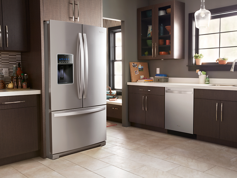 A stainless steel Whirlpool® French Door Refrigerator with Bottom Freezer