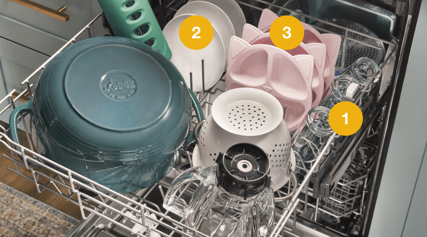 A properly-loaded upper rack of a dishwasher.
