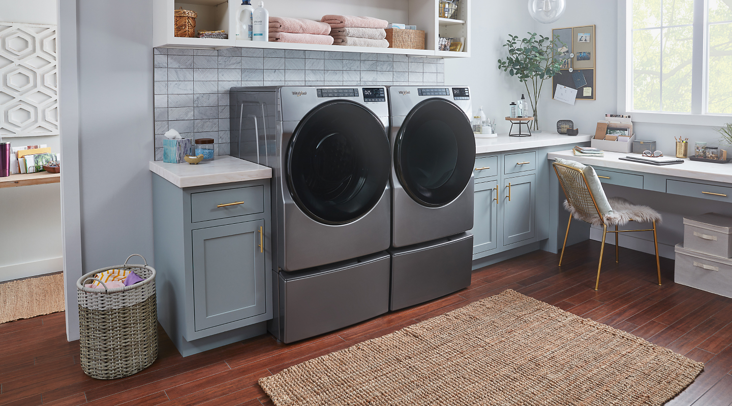Metallic gray Whirlpool® front load washer and dryer