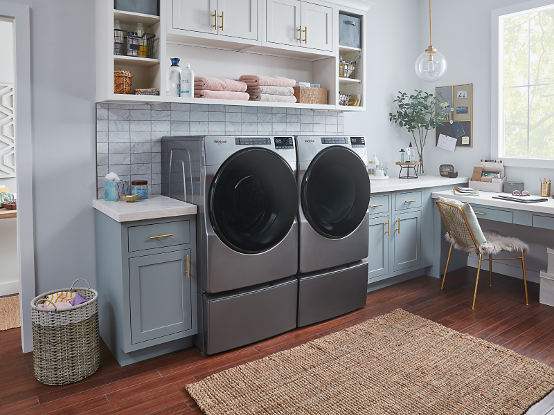 Metallic gray Whirlpool® front load washer and dryer