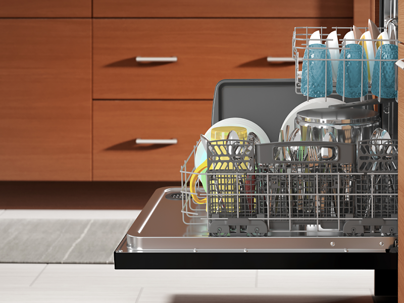 Two extended dishwasher racks filled with dishes