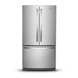 Stainless steel French door refrigerator.