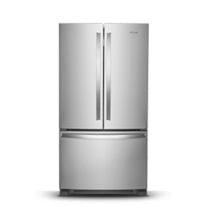 Stainless steel French door refrigerator.
