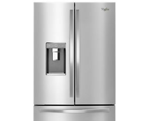 Whirlpool French door fridge with open doors.