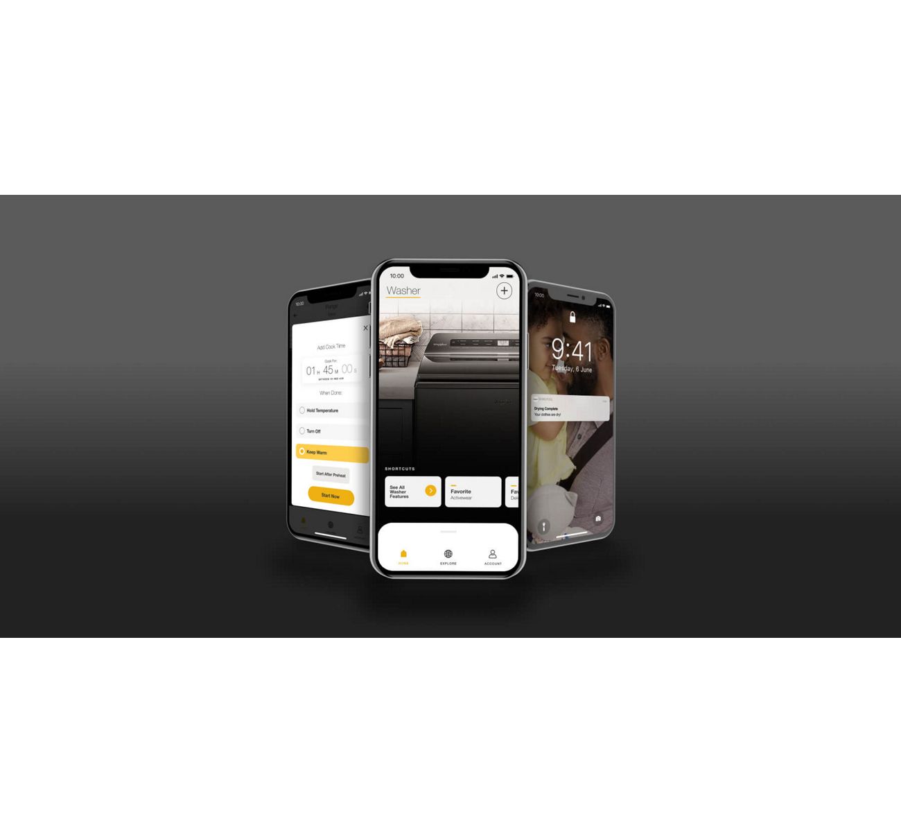 三台智能手机显示惠而浦®应用程序和通知