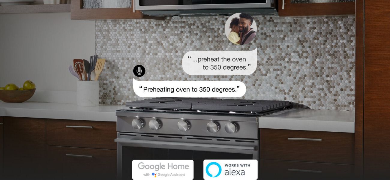Voice command to preheat oven and Whirlpool® smart slide-in range reacting