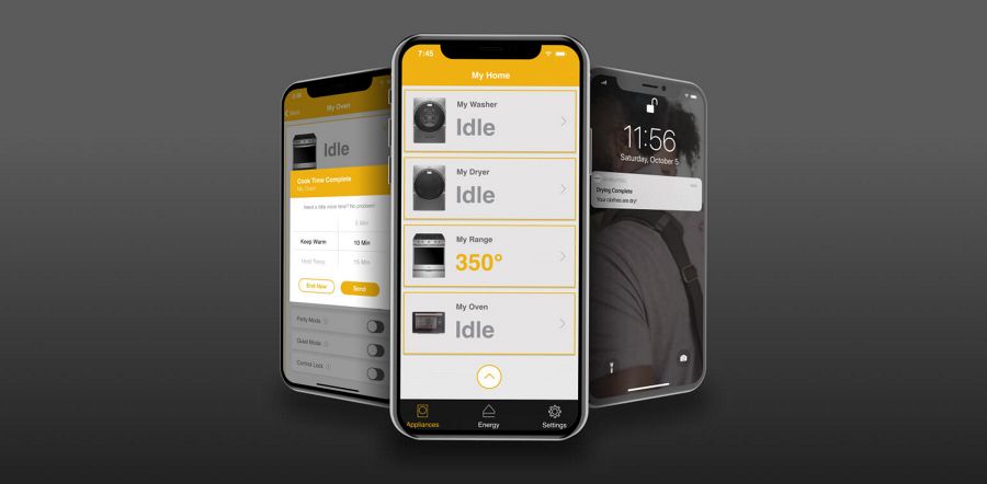 Three smartphones showing the Whirlpool® app and a notification