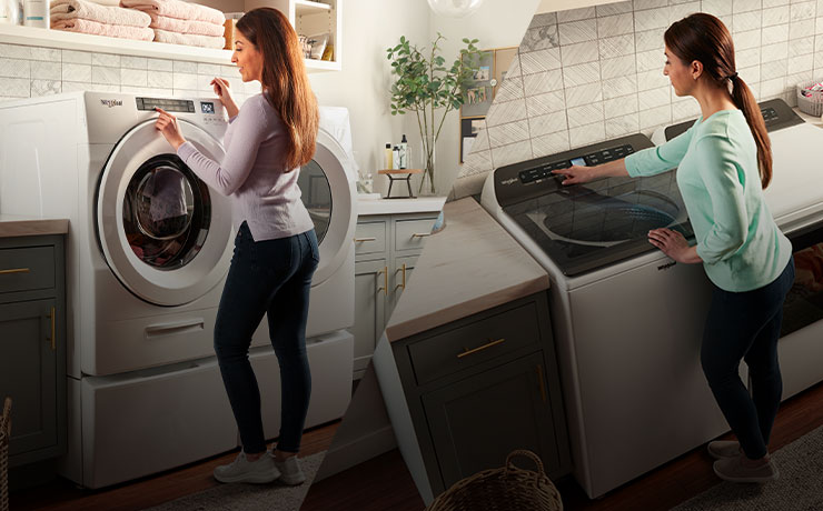 A split image. The image on the left: A woman holds an article of clothing in front of an opened Whirlpool Laundry Appliance. Behind her are framed photos and shelves of various items. The image on the right: A woman leans over a Whirlpool Top-Load Washer. In front of her are a potted plant and a window.