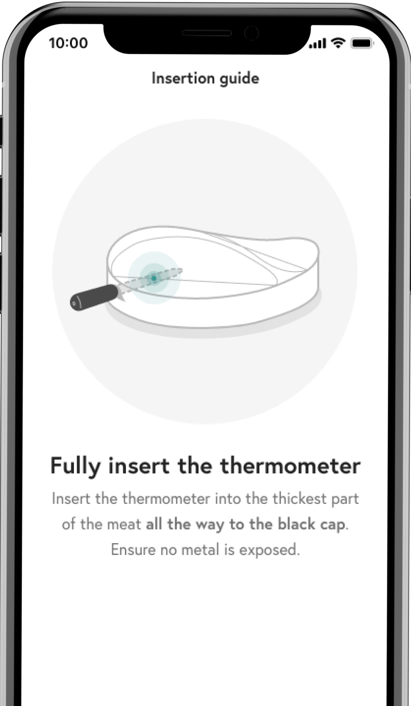 Smartphone with the thermometer placement instructions on the Yummly® app screen