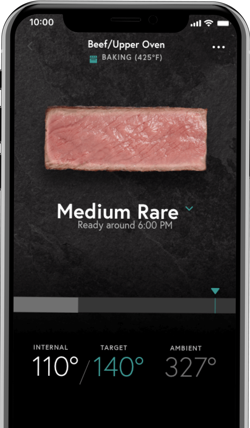 Smartphone showing meat cooking progress on the Yummly® app screen