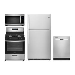 Freestanding Gas Range, 33-inch Wide Top Freezer Refrigerator, Microwave Hood Combination and Dishwasher