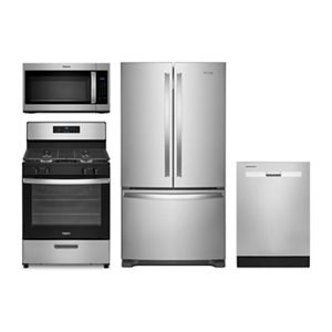 Freestanding Gas Range, 36-inch Wide French Door Refrigerator, Microwave Hood Combination and Dishwasher