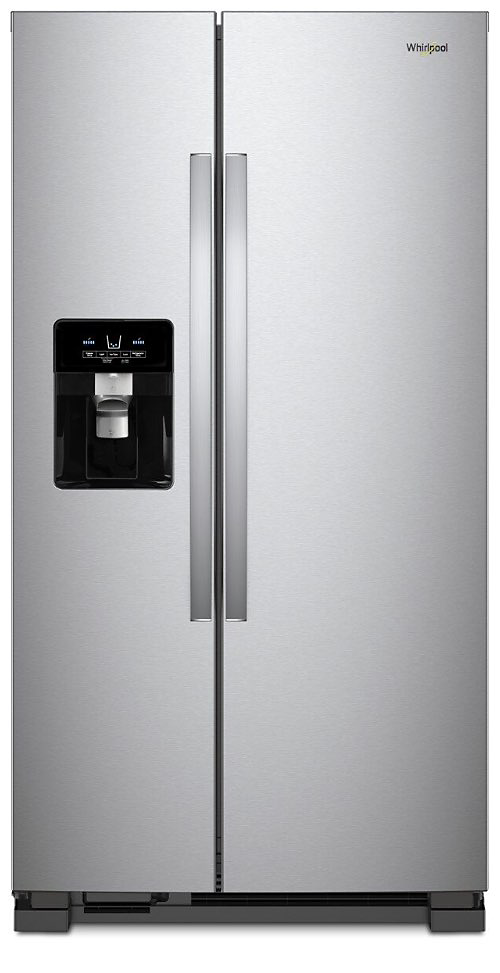 A stainless steel side-by-side refrigerator