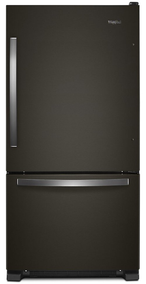 A black bottom-freezer refrigerator