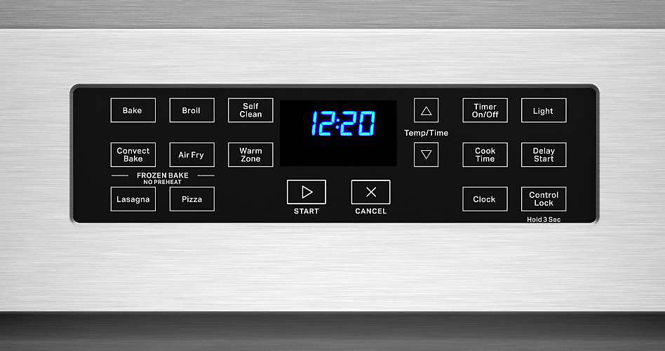 A Whirlpool oven's control panel. Buttons include, "Bake", "Broil", "Convect Bake", "Air Fry", "Warm Zone", "Lasagna" and "Pizza" under "Frozen Bake", "Start", "Cancel", Temp up and down, "Timer On/Off", "Cook Time", "Clock", "Light", "Delay Start" and "Control Lock".